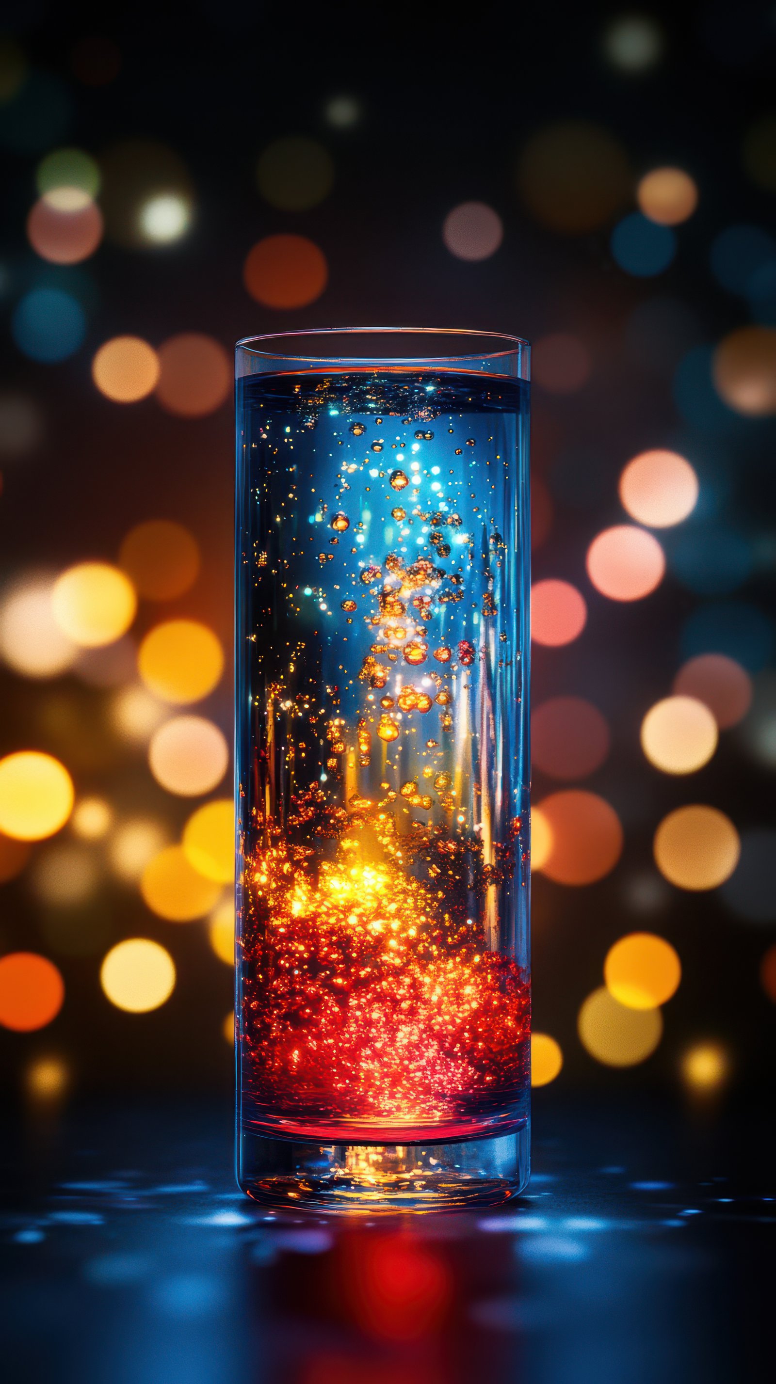 Vibrant glass filled with shimmering liquid and colorful bubbles creates a mesmerizing visual effect at night